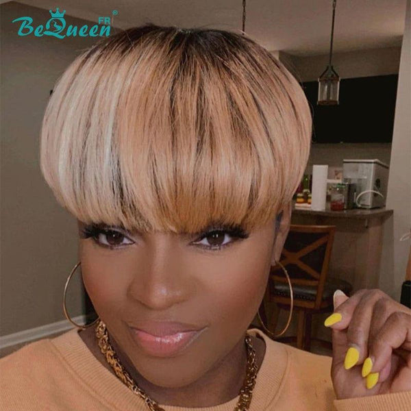 Bequeen Straight Pixie Wigs Ball Cut Black and Honey Roots Machine Made