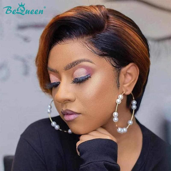 BeQueen Amazing Price Short Straight Pixie Wig T Part Light Brown