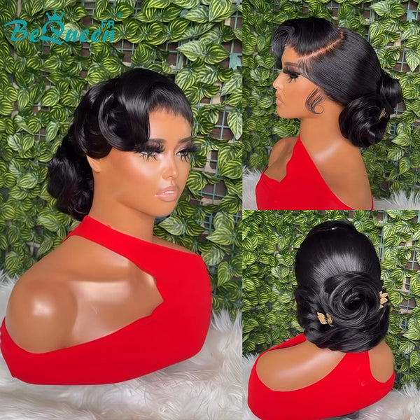 BeQueen „Telly“ Schwarze Hochzeitsperücke mit Chignon und Spitzenfrontal 13x4 