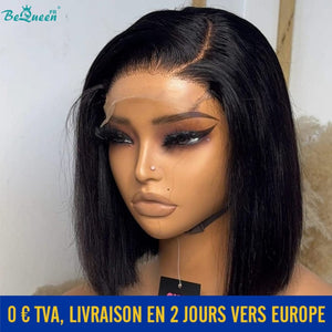 Bequeen-perruque-lisse-lace closure-noir-100% cheveux humains-vue de face