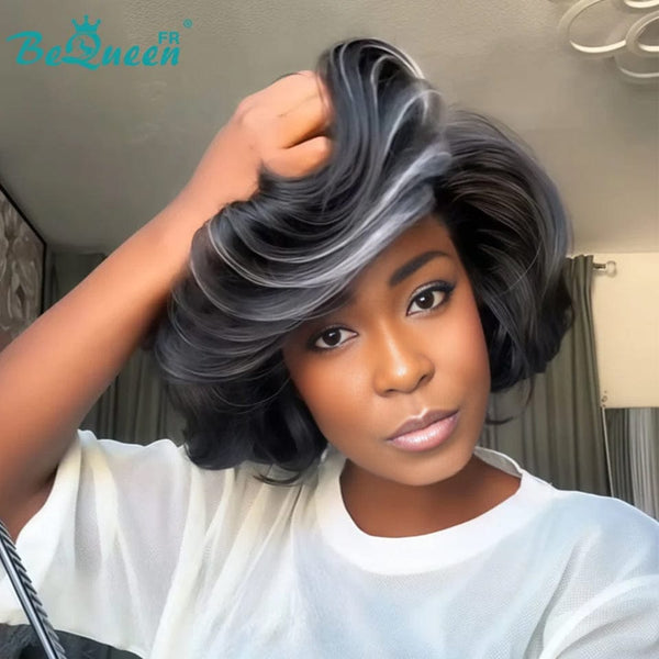 BeQueen "Sonia" Perücke Custom Bob Glatt Schwarz mit weißer Spitze vorne 13X4 geschichtet 400% Dichte