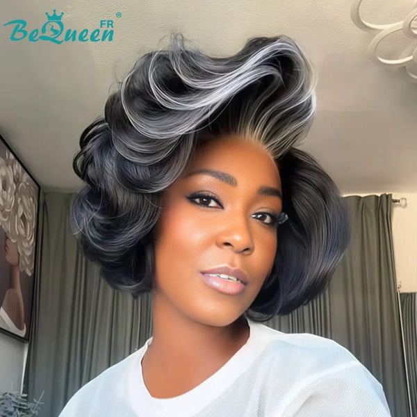 BeQueen "Sonia" Perücke Custom Bob Glatt Schwarz mit weißer Spitze vorne 13X4 geschichtet 400% Dichte