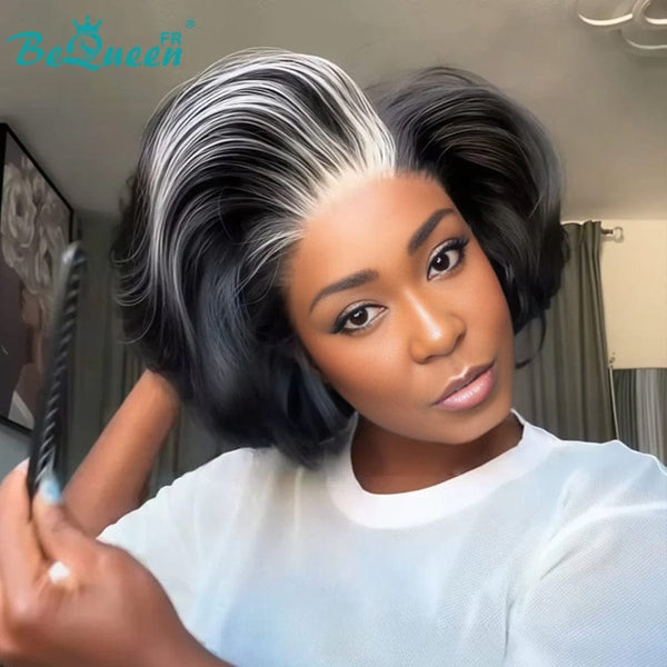 BeQueen "Sonia" Perücke Custom Bob Glatt Schwarz mit weißer Spitze vorne 13X4 geschichtet 400% Dichte