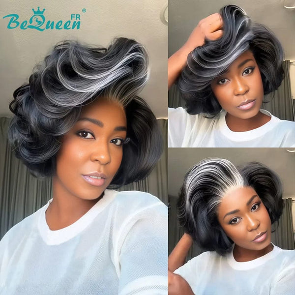 BeQueen "Sonia" Perücke Custom Bob Glatt Schwarz mit weißer Spitze vorne 13X4 geschichtet 400% Dichte