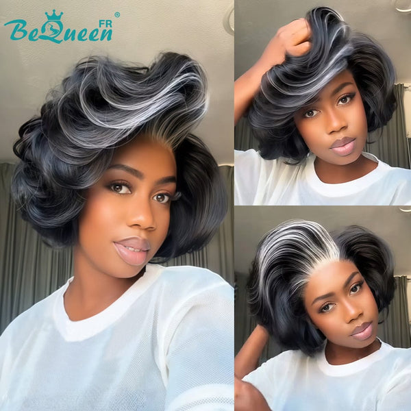 BeQueen "Sonia" Perruque Customisée Bob Lisse Noir mix blanc lace frontale 13X4 en couches 400% densité