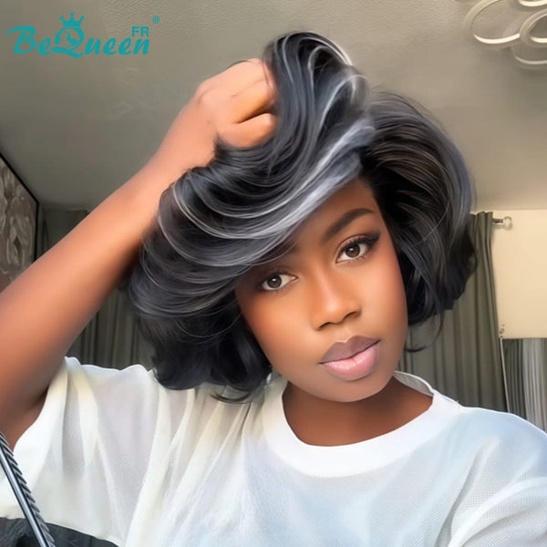 BeQueen "Sonia" Perruque Customisée Bob Lisse Noir mix blanc lace frontale 13X4 en couches 400% densité