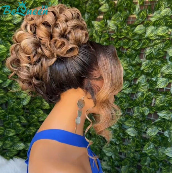 BeQueen "Usime" Black Wedding Wig with Bun, Black and Honey Color with Lace Frontal 13x4 