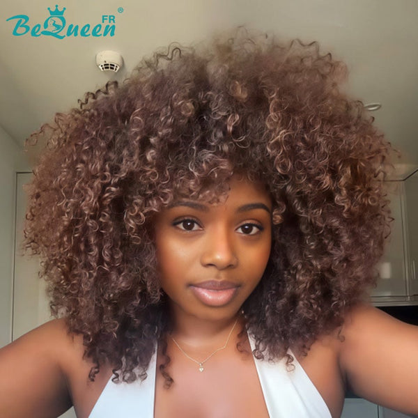 BeQueen "Yaya" Perruque Bob Marron avec frange Afro Curly Sans colle perruque naturelle