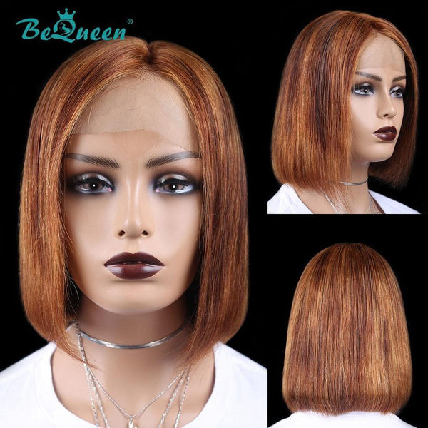 BeQueen Colorful Highlight T Part Bob Lace Wig Short Straight Hair Color Highlight