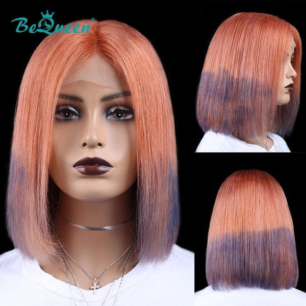 BeQueen Colorful Highlight T Part Bob Lace Wig Short Straight Hair Color Highlight