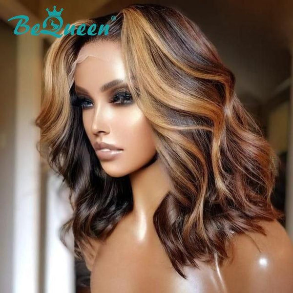 Perruque Bob Body Wave à T Part de Couleur Highlight Châtain Miel  100% Cheveux humains