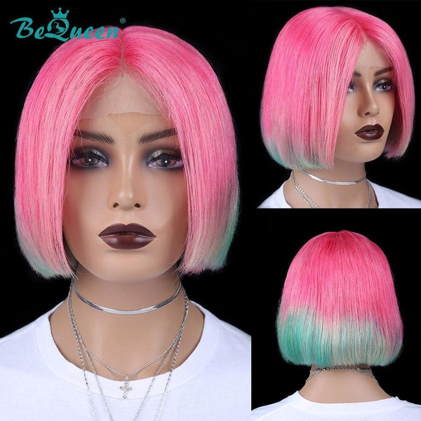 BeQueen Colorful Highlight T Part Bob Lace Wig Short Straight Hair Color Highlight