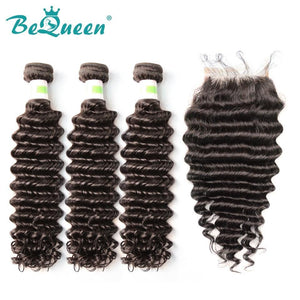 【Bequeen】Free Eyelash 10A Brazilian 100% Virgin Hair Deep Wave Hair bundles with Closure/Frontal Deal free shipping - Bequeen Office Store