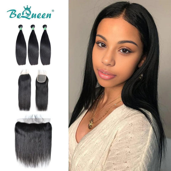 BeQueen Paquetes de Tejido Pelo Liso Pelo Brasileño 100% Pelo virgen con Cierre/Frente 10A