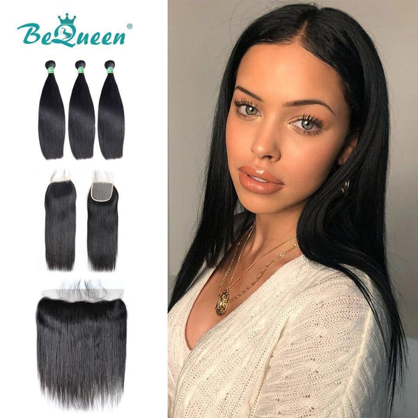 BeQueen Hair Weaving Packages Smooth Brazilian Virgin Hair 100% with Closure/Frontal 10A 