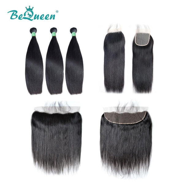 BeQueen Hair Weaving Packages Smooth Brazilian Virgin Hair 100% with Closure/Frontal 10A 