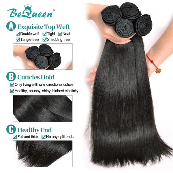 BeQueen Hair Weaving Packages Smooth Brazilian Virgin Hair 100% with Closure/Frontal 10A 
