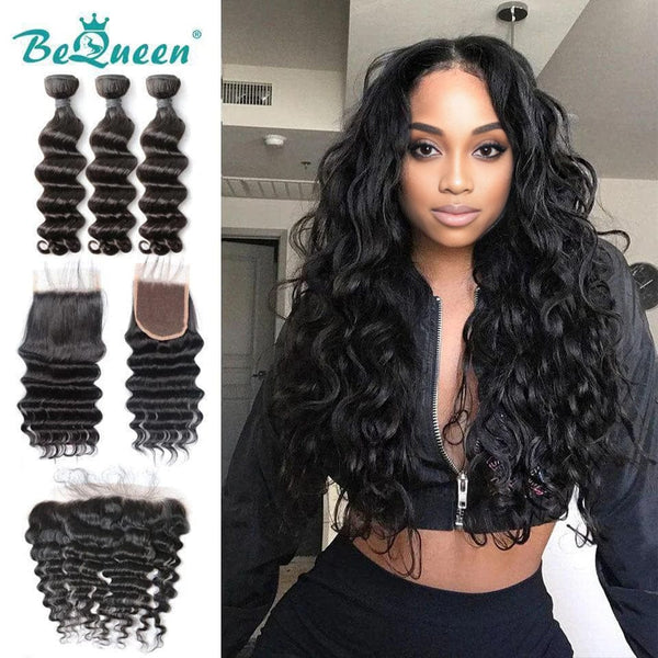 BeQueen Natural Wave Weave-Bündel mit Frontal-/Verschluss aus brasilianischem Haar, 100 % unbehandeltes Haar, Typ 8A 