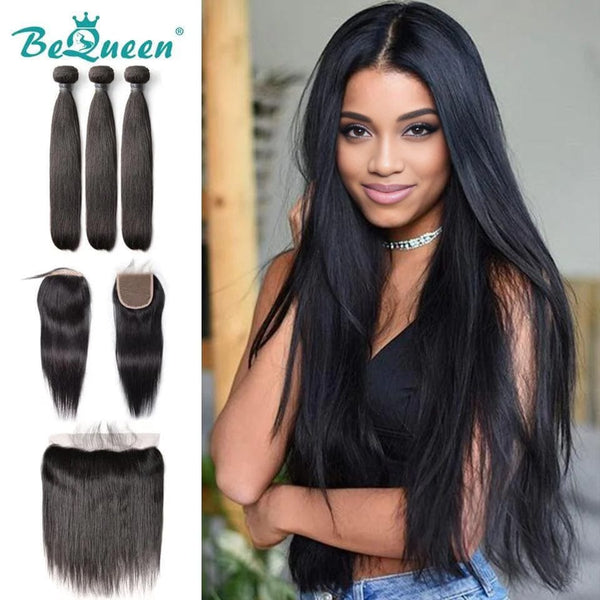 BeQueen glattes Haargewebe mit Frontal- oder Verschluss-Brasilienhaar, 100 % reines Haar, Typ 8A 