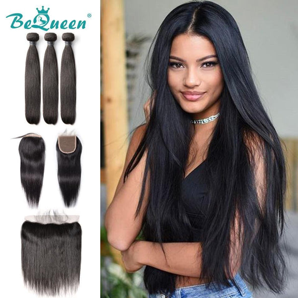 BeQueen Trenzado de Cabello Liso con frontal o cierre Cabello Brasileño 100% Cabello virgen de tipo 8A