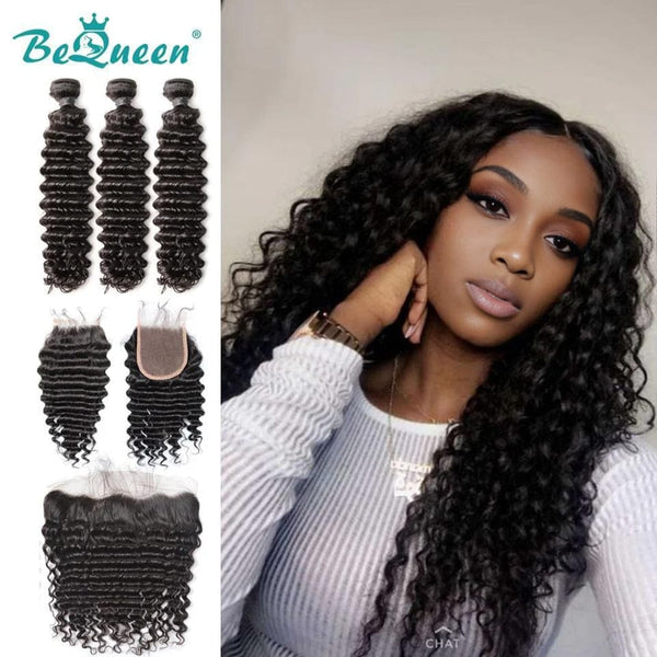 BeQueen Deep Wave Weave mit Frontal- oder Verschluss-Brasilianerhaar, 100 % reines Haar, Typ 8A 