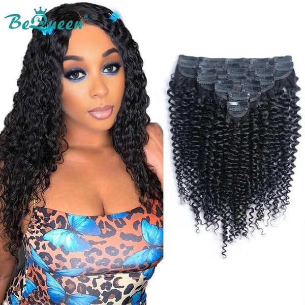 
BeQueen Oito Peças de Extensões de Clipe Cabelo Cacheado Cabelo Kinky Cacheado 100% cabelo humano de Cor Preto natural #1B