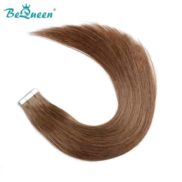 BeQueen Twenty Pieces Tape Ins Straight Hair Extensions Light Brown Color #8 100% Human Hair 100g per pack 