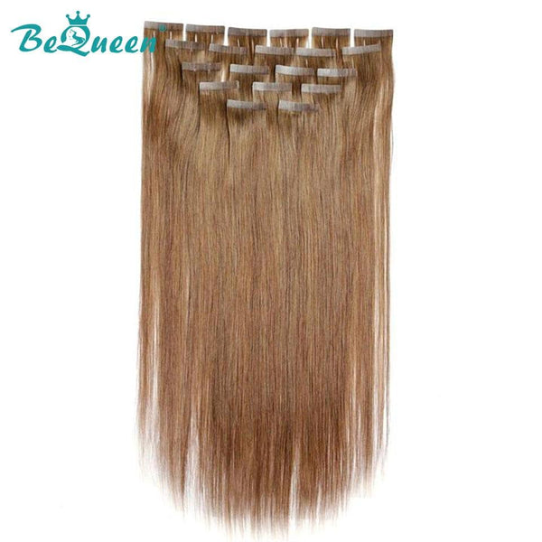 BeQueen Twenty Pieces Tape Ins Straight Hair Extensions Light Brown Color #8 100% Human Hair 100g per pack 