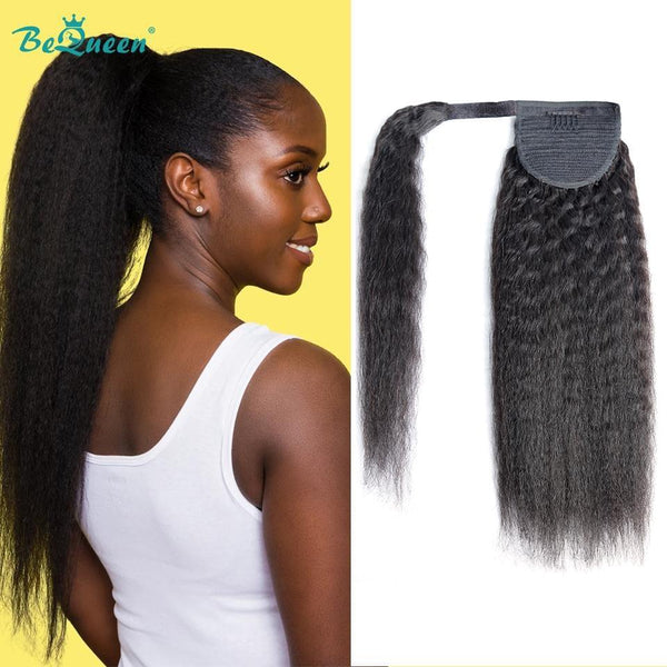 BeQueen Extensions Clip Ins avec Queue de cheval Cheveux Kinky Straight, Yaki Straight 100% Cheveux humains