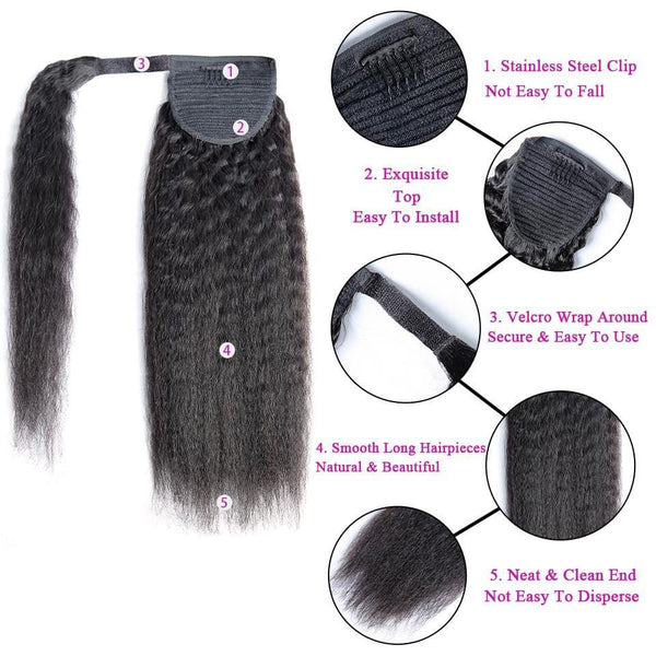 BeQueen Extensions Clip Ins avec Queue de cheval Cheveux Kinky Straight, Yaki Straight 100% Cheveux humains