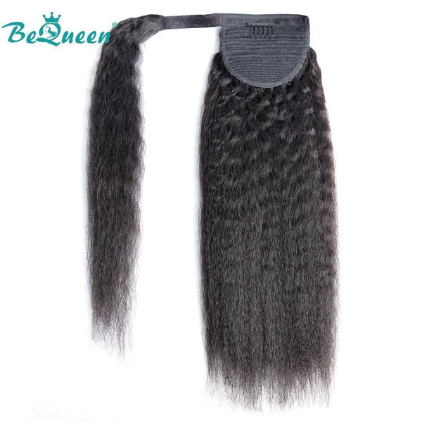 BeQueen Extensions Clip Ins avec Queue de cheval Cheveux Kinky Straight, Yaki Straight 100% Cheveux humains