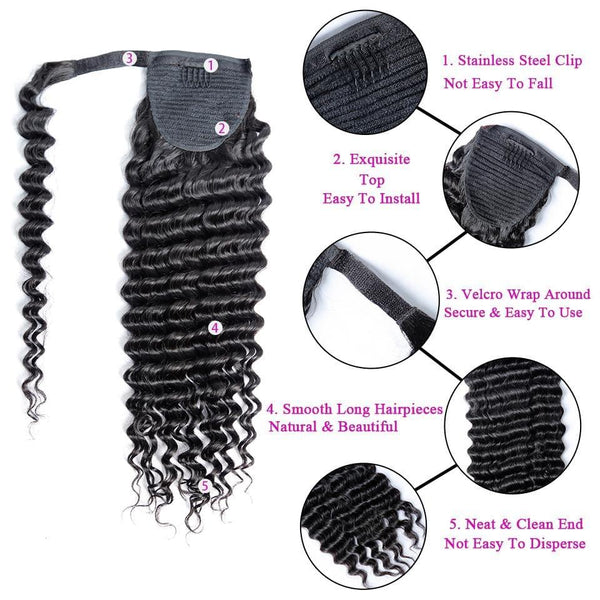 BeQueen Extensiones Clip Ins Onda de Agua con Cola de Caballo 100% Cabello Humano 
