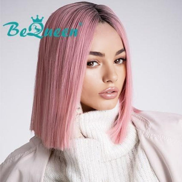 BeQueen Lace-Front-Perücke, 4 x 4 Bob, farbiger Wurzelschwarz #1B, Perücke mit glattem Haar 