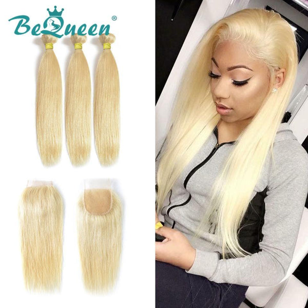 BeQueen Three Piece Straight Hair Weave 100% Virgin Hair with Closure Blonde Color #613 