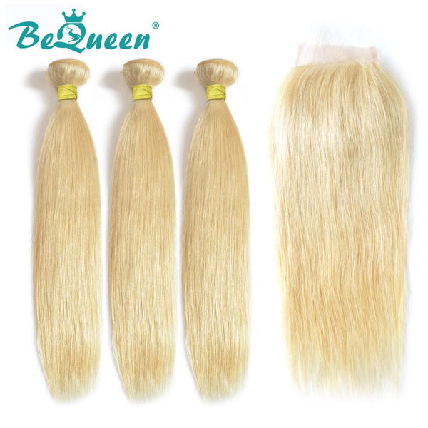 【Bequeen】10A Brazilian 100% Virgin Hair Blonde Straight Hair #613 bundles with Closure free shipping - Bequeen Office Store