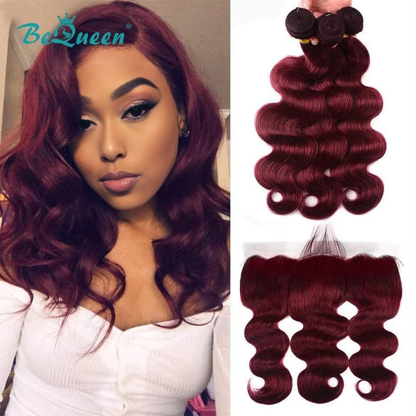 BeQueen dreiteiliges gewelltes Haar, 100 % Echthaar, mit Frontpartie in Granatfarbe #99J 