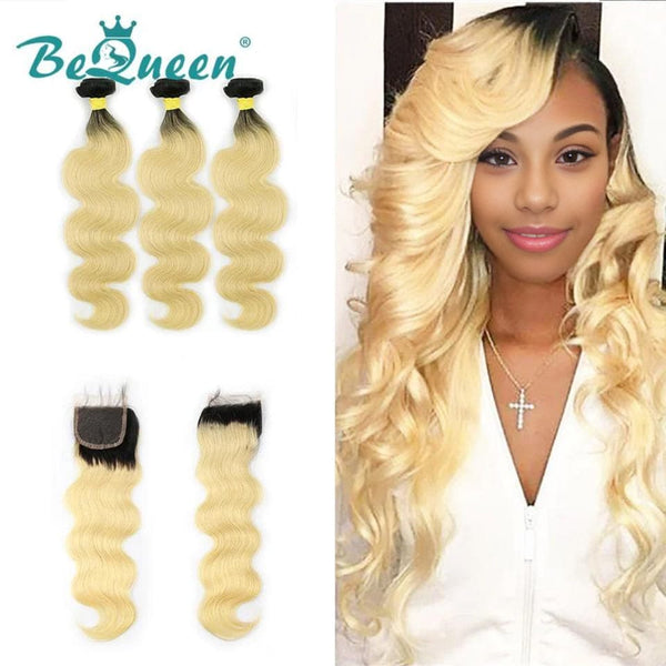 BeQueen, dreiteilig, gewellt, 100 % reines Haar, mit Verschluss, blonde Farbe Nr. 613, schwarzer Wurzel Nr. 1B 