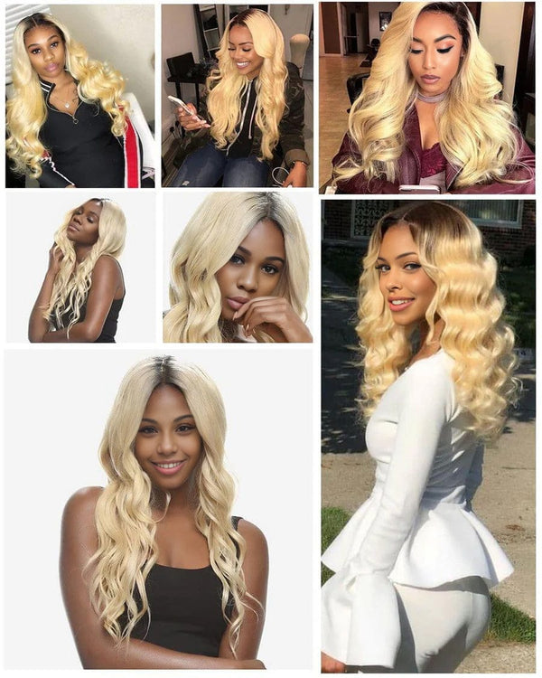 BeQueen, dreiteiliges gewelltes Haar, 100 % reines Haar, mit Frontpartie in der Farbe Blonde #613, schwarzer Wurzel #1B 