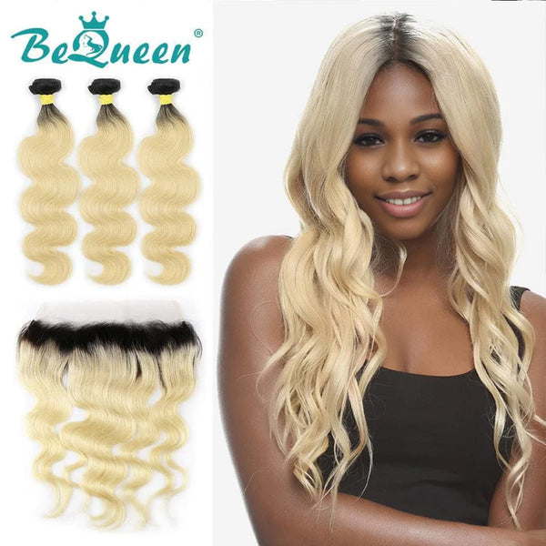 BeQueen, dreiteiliges gewelltes Haar, 100 % reines Haar, mit Frontpartie in der Farbe Blonde #613, schwarzer Wurzel #1B 