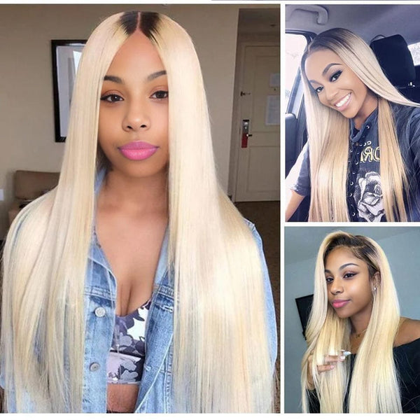 BeQueen dreiteiliges glattes Haargewebe aus 100 % reinem Haar mit Frontal in der blonden Farbe Nr. 613, schwarzer Wurzel Nr. 1B 