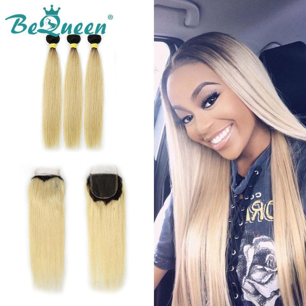 BeQueen Tres piezas de Tejido Pelo Liso 100% Cabello virgen con Frente de Color Blanca #613 Raíz Negra #1B