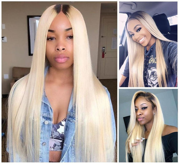 BeQueen Tres piezas de Tejido Pelo Liso 100% Cabello virgen con Frente de Color Blanca #613 Raíz Negra #1B
