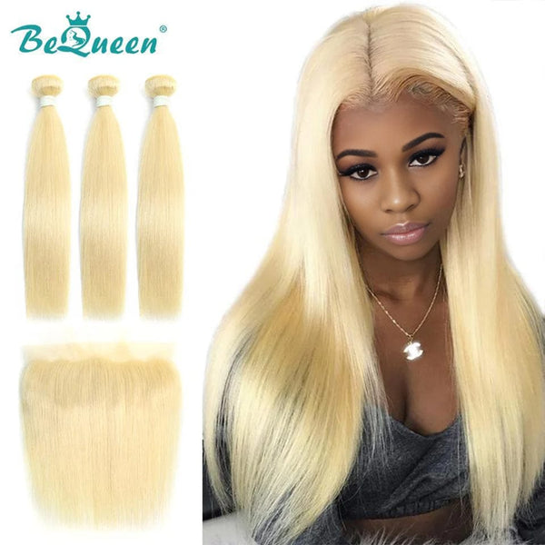 BeQueen dreiteiliges glattes Haargewebe, 100 % reines Haar mit blonder Farbe, Frontal Nr. 613 