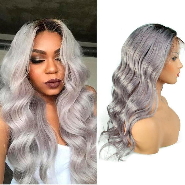 BeQueen Perruque Body Wave à Dentelle Frontale de Couleur personnalisée Gris #1BT et Noir #1B