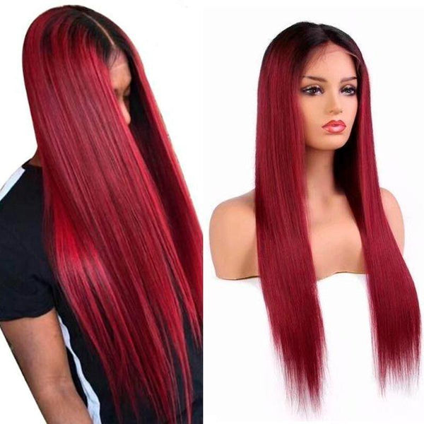 BeQueen Straight Lace Front Perücke, individuelle Farbe Granat #99J und Schwarz #1B 