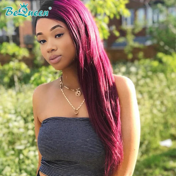 BeQueen gerade Lace-Front-Perücke, 13 x 4, individuelle Farbe, Burgunderrot, Pink, Fuchsia, 100 % Echthaar 