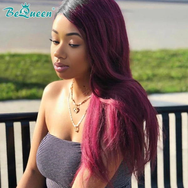BeQueen gerade Lace-Front-Perücke, 13 x 4, individuelle Farbe, Burgunderrot, Pink, Fuchsia, 100 % Echthaar 