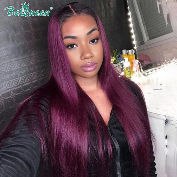 BeQueen gerade Lace-Front-Perücke, 13 x 4, individuelle Farbe, Burgunderrot, Pink, Fuchsia, 100 % Echthaar 