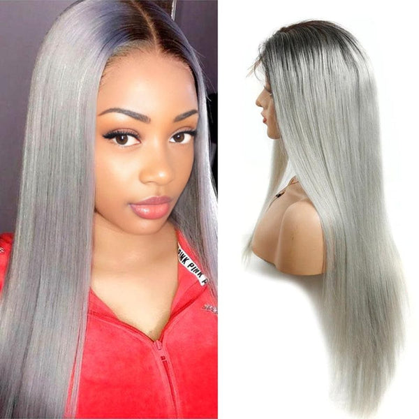 BeQueen Custom Color Straight Lace Front Human Hair Wig Grey #1BT and Black #1B