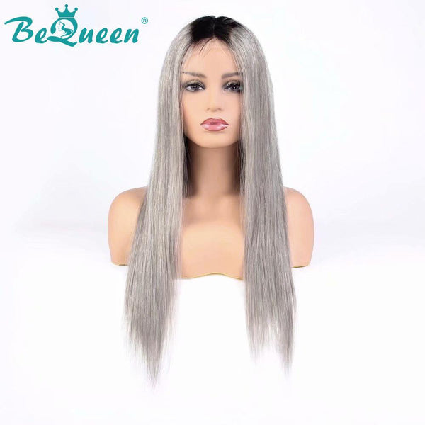 BeQueen Perruque Cheveux Lisses à Dentelle Frontale de Couleur personnalisée Gris #1BT et Noir #1B